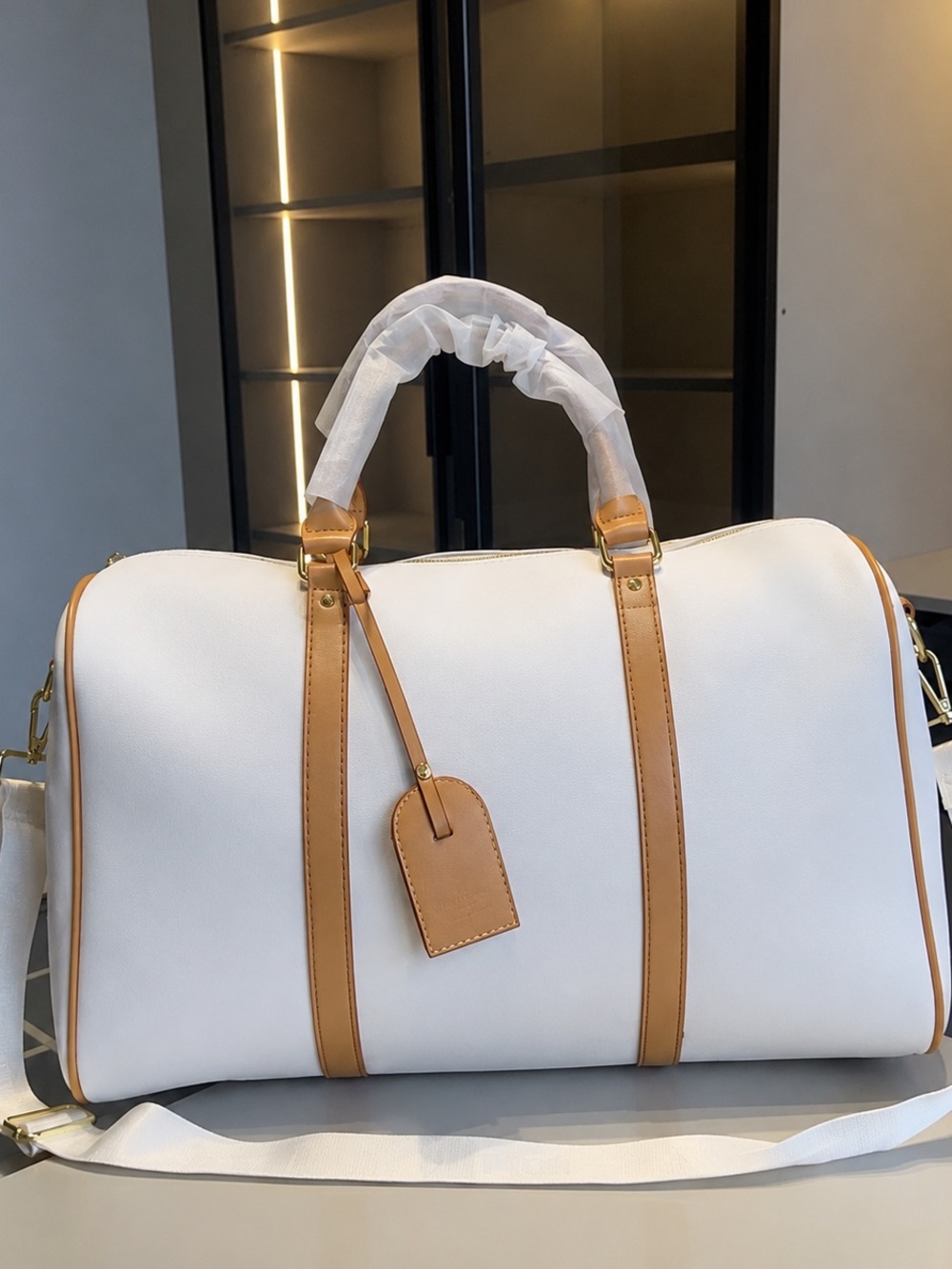 LUXURY~Women’s White and Tan withcolorfull logos Travel Duffle Bag